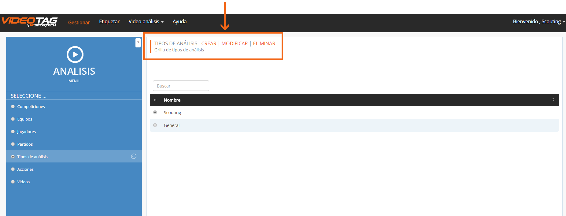 VideoTag - pantalla tipos de analisis